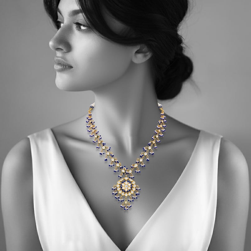 Blue Enamel Polki Necklace with Pearl and Bead Accents